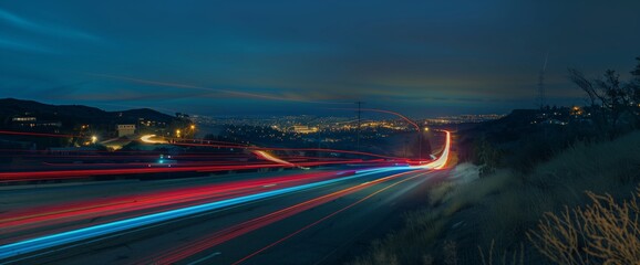 Long exposure of a road with blue and red and orange light trails of passing vehicles at night city background