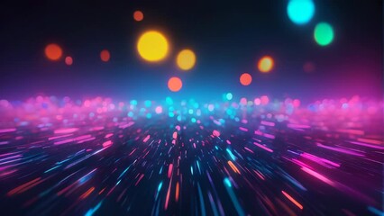 A video showing vibrant, blurred lights shining in darkness, creating an abstract and colorful spectacle, bokeh, neon background