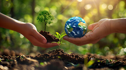 two hands reaching toward each other. In one hand, there’s a small, vibrant model of Earth, while the other hand cradles a clump of soil with a green tree sprouting from it