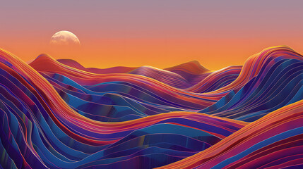 appears to be an abstract representation of a landscape. It features colorful, wavy lines that evoke the impression of hills or waves