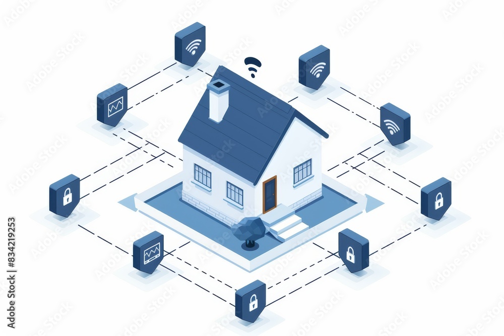 Poster digital house icon connected to network nodes illustrating smart home technology and iot integration