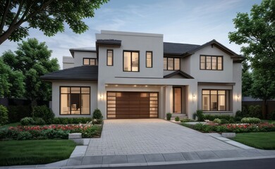 Fototapeta premium A Contemporary Dwelling with Stylish Architecture, Beautiful Exterior Design, and a Serene Garden Setting. Perfect Family Home in a Residential Neighborhood, Featuring Thoughtful Construction 