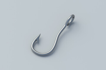Fishing hook on gray background. Metallic fishhook. Professional angling equipment. Outdoor sport or hobby. 3d render
