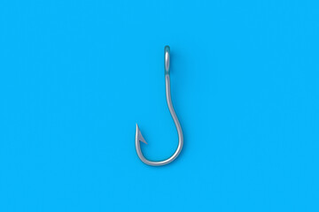 Fishing hook on blue background. Metallic fishhook. Professional angling equipment. Outdoor sport or hobby. Top view. 3d render