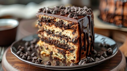 Chocolate chip cake presented on a plate