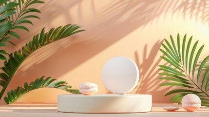 Fototapeta premium Podium for product presentation background, sunscreen around. National sunscreen day concept 