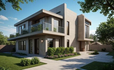 Fototapeta premium A Contemporary Dwelling with Stylish Architecture, Beautiful Exterior Design, and a Serene Garden Setting. Perfect Family Home in a Residential Neighborhood, Featuring Thoughtful Construction 