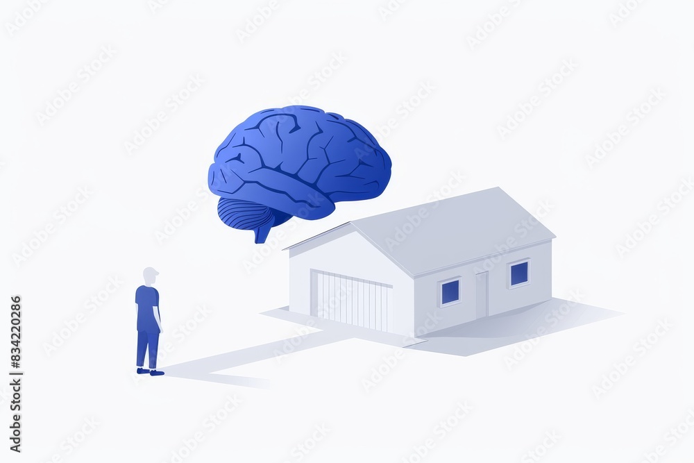 Aufkleber minimalist house design with floating brain concept, showcasing futuristic architecture and smart li