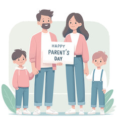 A cheerful family is carrying a card that reads Parents' Day, flat style on a white backdrop.
