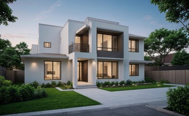 Obraz premium A Contemporary Dwelling with Stylish Architecture, Beautiful Exterior Design, and a Serene Garden Setting. Perfect Family Home in a Residential Neighborhood, Featuring Thoughtful Construction 