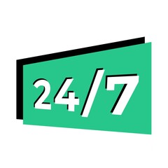 Twenty Four Seven Written in Flat Colours with 3D Style Shadow. Green shape. 
