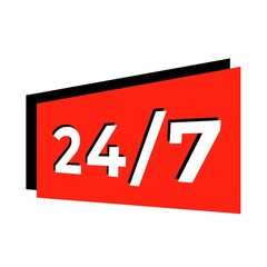 Twenty Four Seven Written in Flat Colours with 3D Style Shadow. Red shape. 