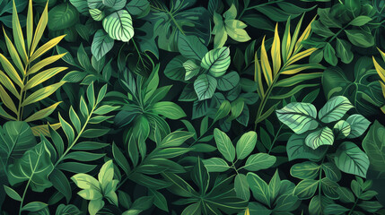 seamless pattern of lush green plants and foliage, detailed illustration in the style of flat color, vintage style, dark background