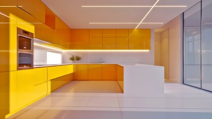 Modern minimalist kitchen design with yellow cabinets and sleek white surfaces. Bright and vibrant space suitable for contemporary homes. A stylish, functional and trendy concept. AI