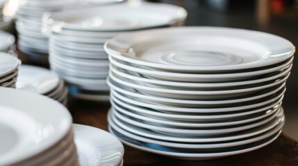 Closeup clean plates stack on a table ready for use