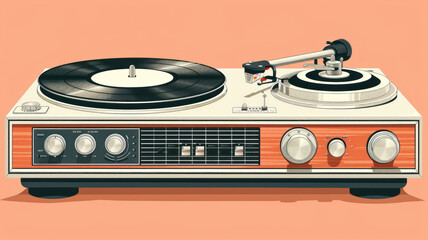 A vector illustration of a simple record player on a solid color background.generative ai