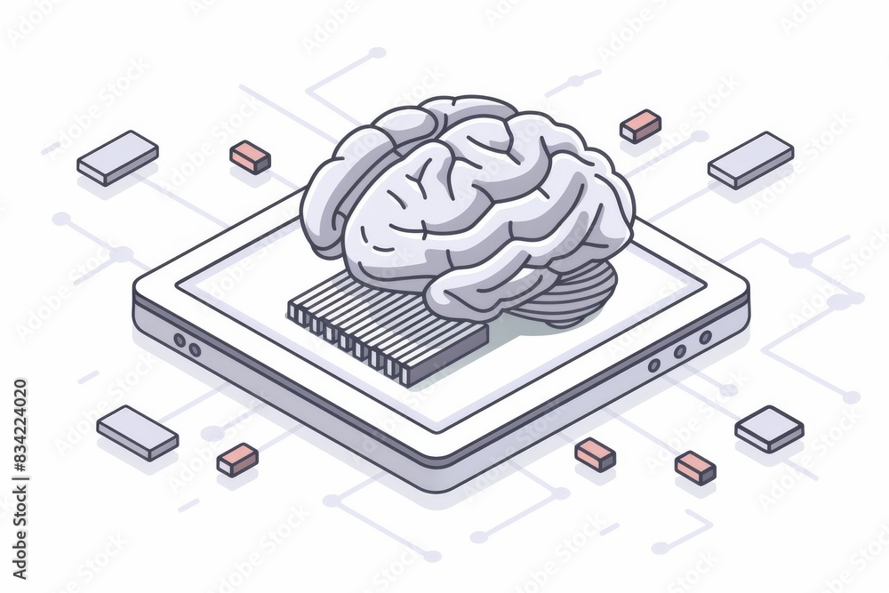 Poster isometric brain atop urban planning model, visualizing the integration of cognitive science with cit