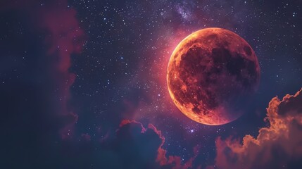 Obraz premium Enchanting Blood Moon Lunar Eclipse Close-Up with Twinkling Stars - High Detail Mystical Night Sky