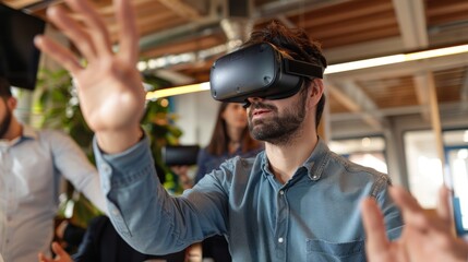 Exploring Virtual Realms: VR Developer Showcasing Innovative Application to Colleagues in Modern Office Setting