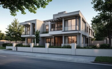 Fototapeta premium A Contemporary Dwelling with Stylish Architecture, Beautiful Exterior Design, and a Serene Garden Setting. Perfect Family Home in a Residential Neighborhood, Featuring Thoughtful Construction 