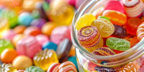 A close-up of a pile of assorted, brightly colored candies spilling out of a jar