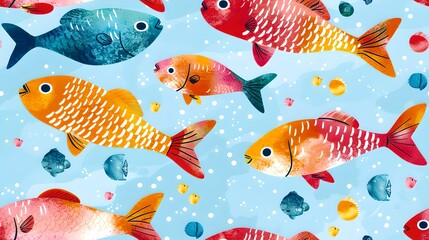 Fototapeta premium Colorful fish swimming in clear water. Fun and playful aquatic design. Perfect for backgrounds and prints. AI