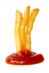 Three golden brown french fries dipped into a dollop of red ketchup isolated on transparent or white background, png