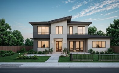 Fototapeta premium A Contemporary Dwelling with Stylish Architecture, Beautiful Exterior Design, and a Serene Garden Setting. Perfect Family Home in a Residential Neighborhood, Featuring Thoughtful Construction 