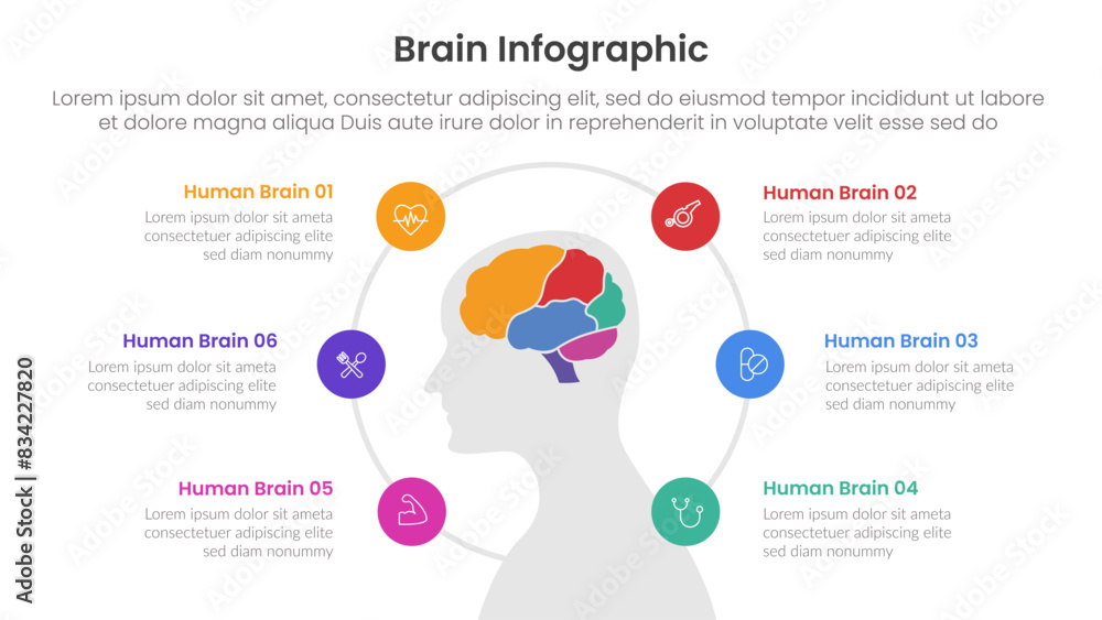 Poster human brain infographic template banner with human head and brain center with circular cycle line on