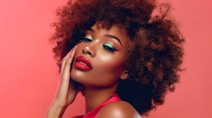 Stylish woman with curly hair and colorful makeup. She exudes confidence and beauty. Perfect for fashion and beauty concepts. AI