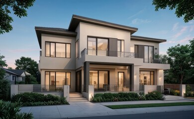 Obraz premium A Contemporary Dwelling with Stylish Architecture, Beautiful Exterior Design, and a Serene Garden Setting. Perfect Family Home in a Residential Neighborhood, Featuring Thoughtful Construction 