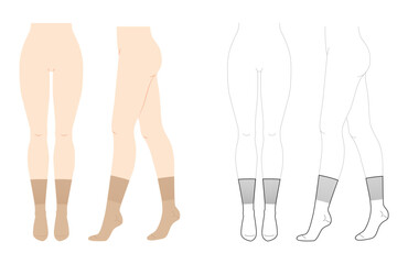 Mid Calf Socks with wide elastic band Set on women legs - natural beige and line style. Hosiery Fashion accessory clothing technical illustration stocking. Vector front side view, flat template mockup