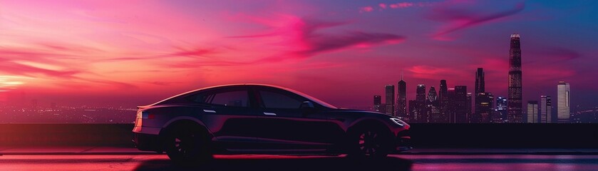 City Skyline Drive, silhouette of a car driving along a road with a city skyline in the background