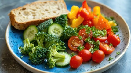 A round plate with assorted colorful vegetables and a slice of bread captured in the photo you shared The dish features broccoli cherry tomatoes red bell pepper and cucumber slices