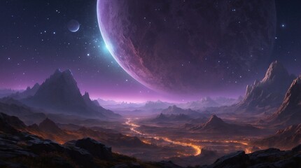 Beautiful fantasy game art purple land on the planet