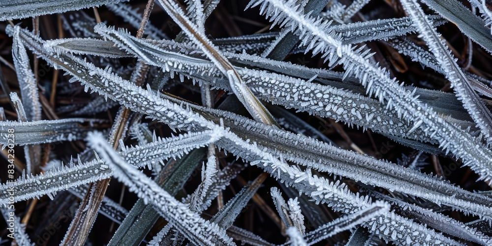 Poster closeup view of the patterns of frost on blades of grass, with their icy crystals and intricate text
