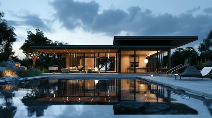 Obraz premium Modern house with pool. A Modern Masterpiece with a Serene Pool, Blending Elegance and Tranquility