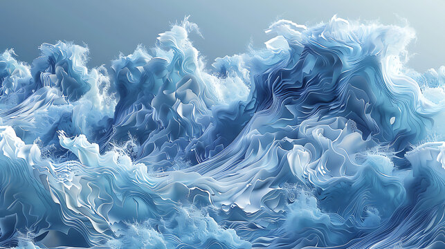 an artistic representation of waves with a three-dimensional effect. The waves are primarily in shades of blue