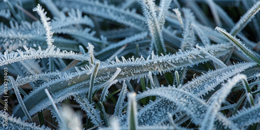 Poster closeup view of the patterns of frost on blades of grass, with their icy crystals and intricate text