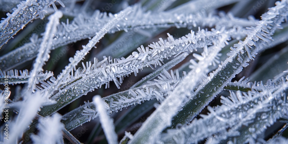 Poster closeup view of the patterns of frost on blades of grass, with their icy crystals and intricate text
