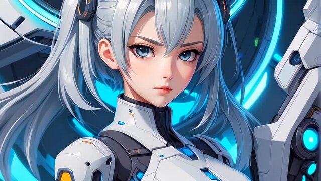 Anime young woman with striking white hair and piercing blue eyes skillfully holds a gun in this intense scene