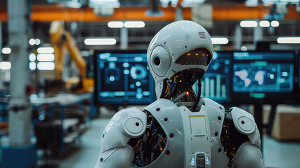 Fototapeta premium Robot in futuristic factory with digital screens and machinery
