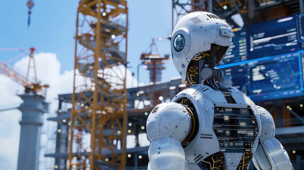 Advanced robot overseeing construction site operations with cranes. AI generated