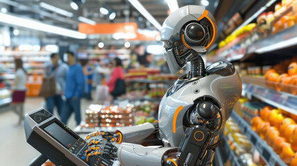 Fototapeta premium Robot shopping in grocery store with customers around generated with AI