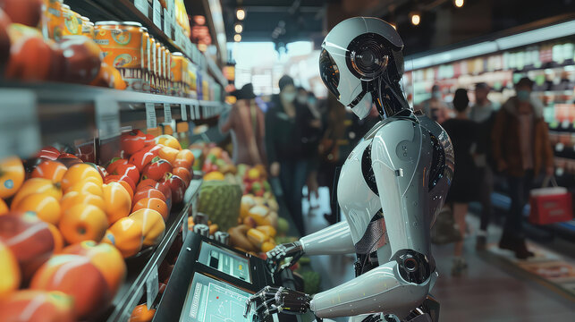 Robot shopping in modern supermarket with fresh produce