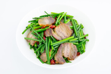 A dish of fried leek moss with bacon