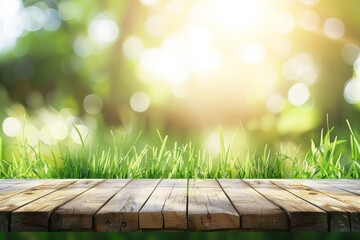 Empty wooden table with grass and sunlight in the background. Outdoor nature scene with copy space. Spring and summer concept for design and print