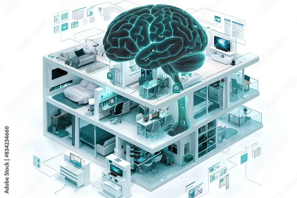 Poster transparent model of a smart city with brain center, visualizing the integration of cognitive functi