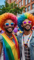 Fototapeta premium Happy gay people smiling at pride parade with LGBT flags. Colourful rainbow wigs and bold makeup
