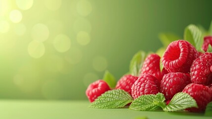 Fresh raspberries with green leaves on a green background. Close-up photography with bokeh effect. Healthy food and fruit concept for design and print
